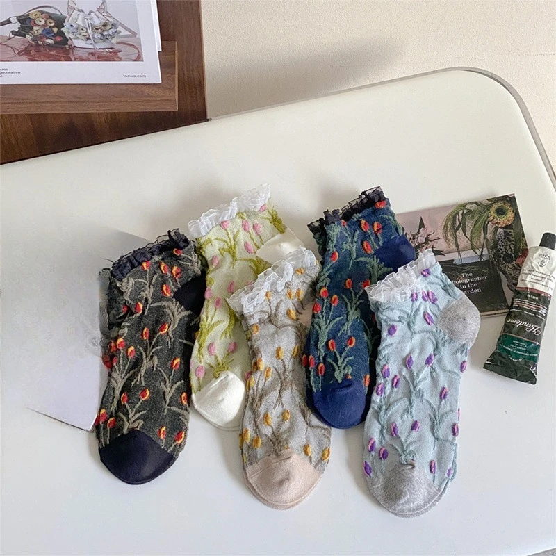 

5 пар весенне-летних новых женских милых стереоскопических цветочных женских носков, модные короткие носки с кружевными краями