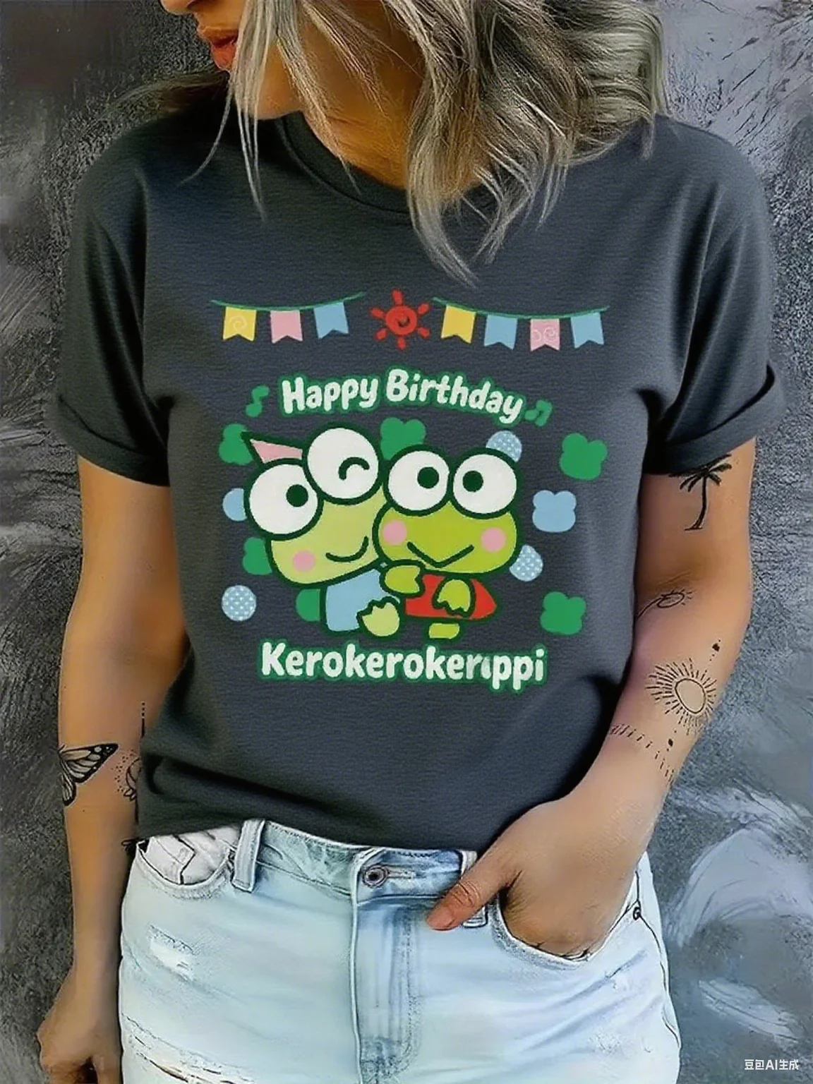 تي شيرت قطني مع جرافيك سانريو كيروبي للاحتفال بعيد الميلاد كيروبي الضفادع والأعلام نمط تصميم ممتع احتفالي من القطن الخالص #5