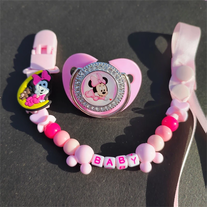 Unique Personalized Name Pacifier Clips with Rhinestones Disney Minnie Mouse Doll Children's Nipples Teethers Babies Accessories