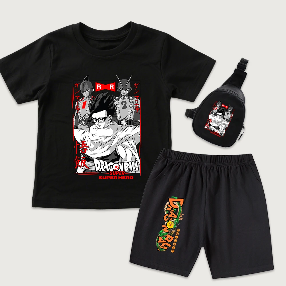 Dbs Gohan Print Cotton T Shirt Shorts and Mini Chest Bag Set for Kids Boys Girls Casual Daily Wear Breathable 3 Pieces Set