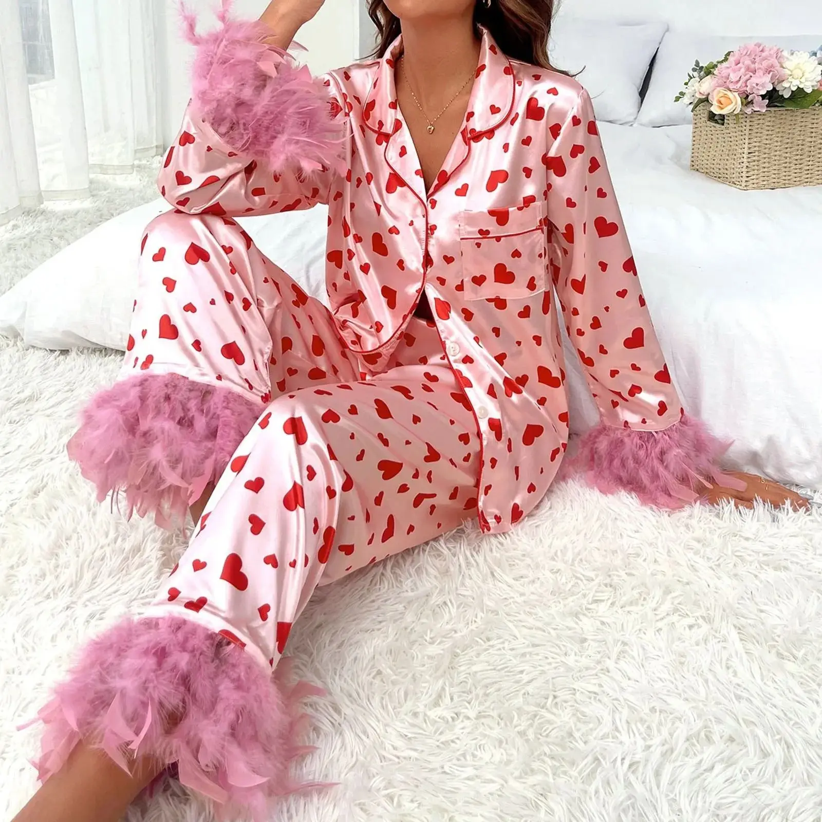レディース-サテン-ハート柄-ラウンジウェア-フェザー-ロングスリーブ-スパウェア-快適-ホームウェア-秋季-エイティーンスリーブ