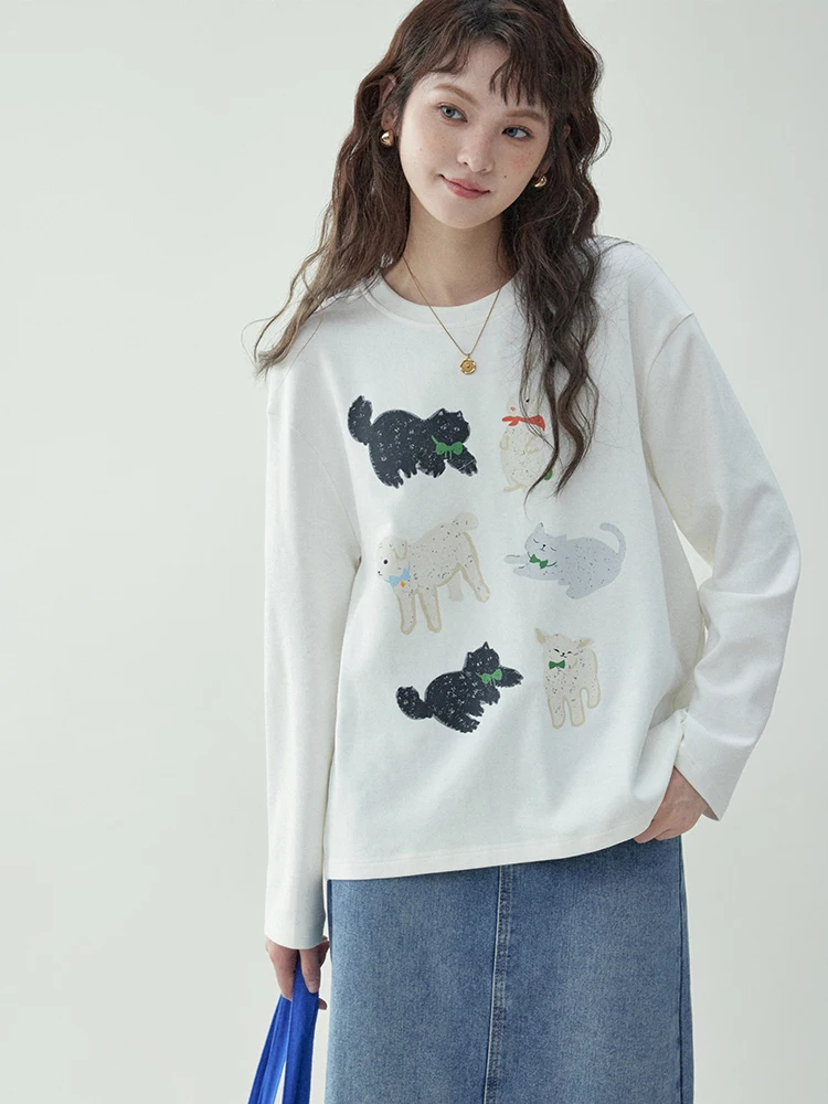 North Island AMUU Original Forest System Cartoon Print round Neck Long Sleeve Women's T-shirt Casual Loose Top for Spring