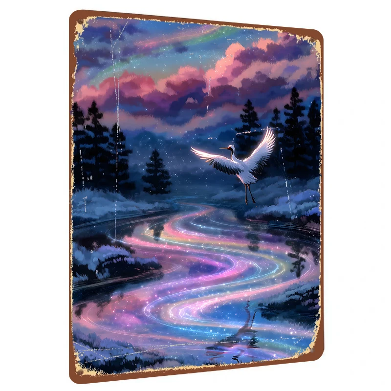 Crane Flying Over Starry Stream Metal Wall Art Modern Home Living Room Study Room Decorative Painting