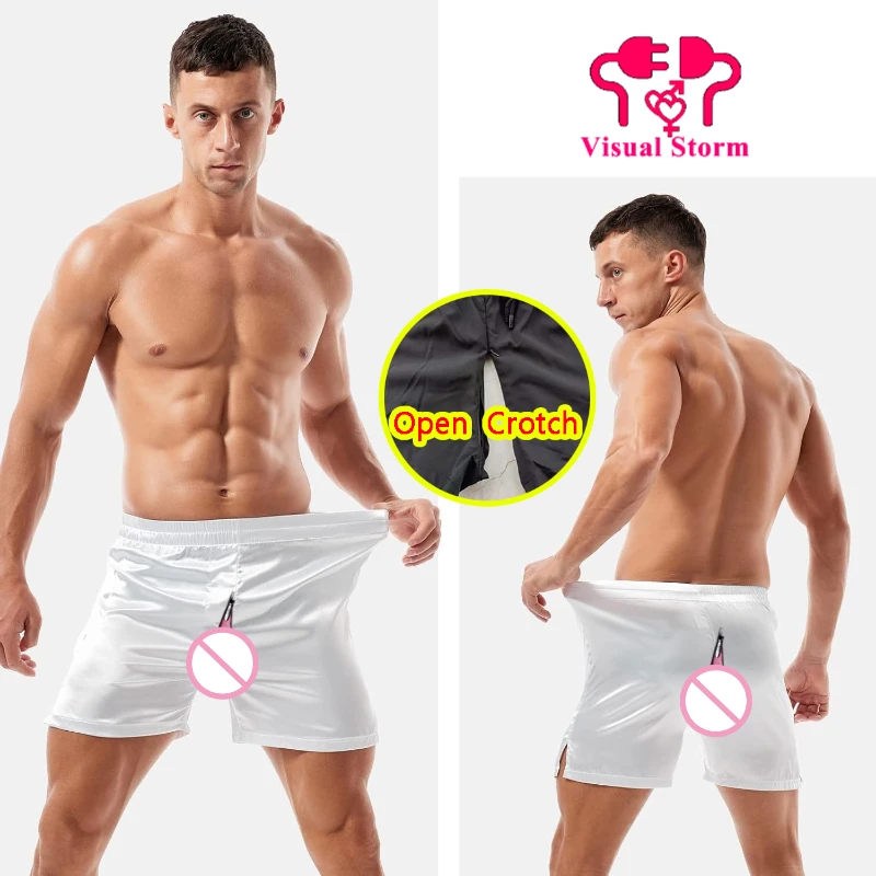 Man Sexy Front Open Crotch Boxer Shorts Fashion Solid Color Shinny Satin Sellp Bottoms Casual Zipper Crotchless Clubwear