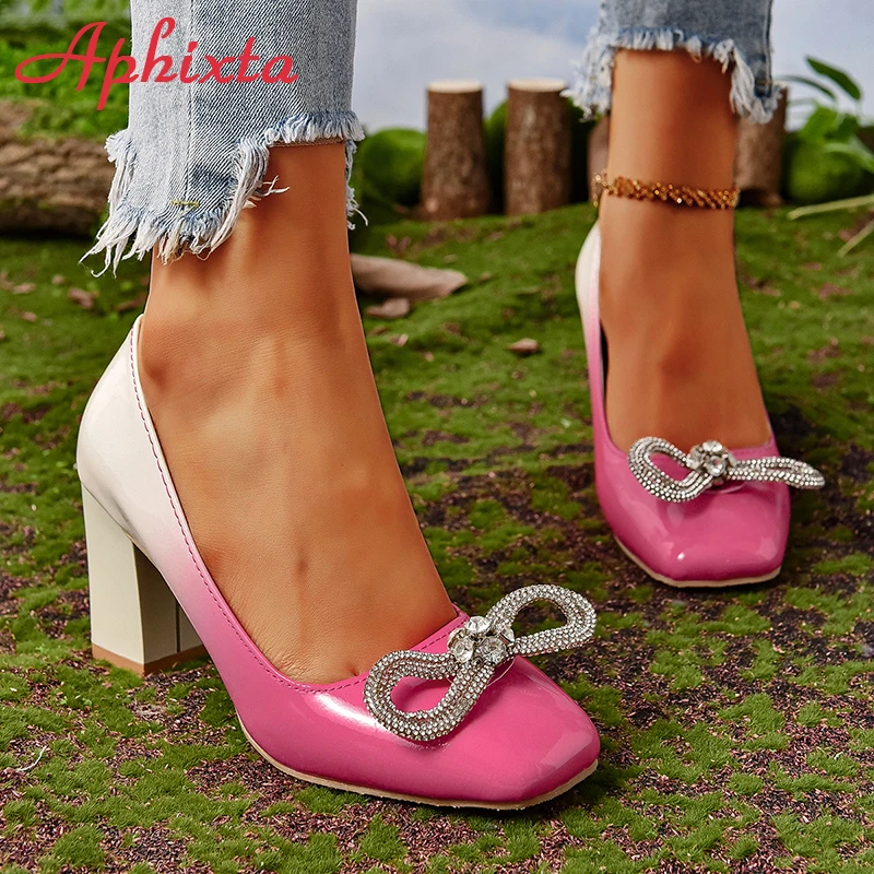 Aphixta 2024 Luxury Crystals Butterfly-knot Buckle Pumps Women Shoes Gradient Chunky Heel Square Heel Big Size 33-46