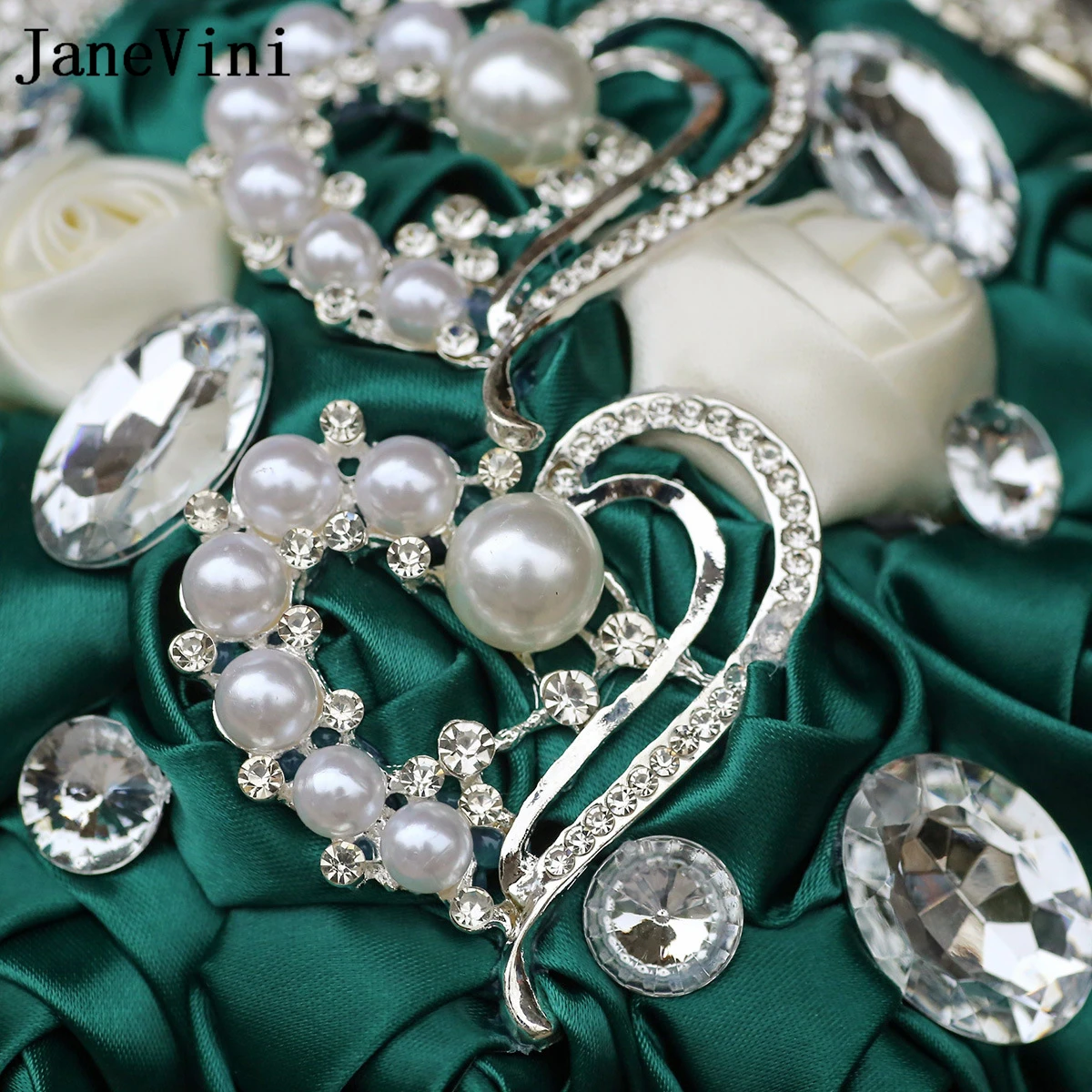 JaneVini Vintage Dark Green Roses Bridal Flowers Wedding Bouquets Luxurious Pearls Crystal Bride Holding Flowers Accessories