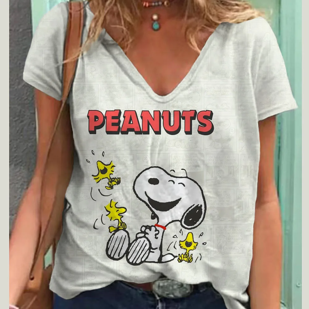 Snoopy 3D Print V-Neck Short Sleeve Tees Women‘S Oversize T-Shirt Fashion T-Shirts For Women Summer Y2k Woman Tops