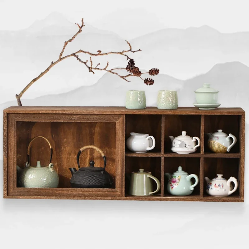 

Solid Wood Tea Set Take in Cabinet with Door Tableware Storage Rack Retro Wall Mounted Multifunctional Antique Shelf