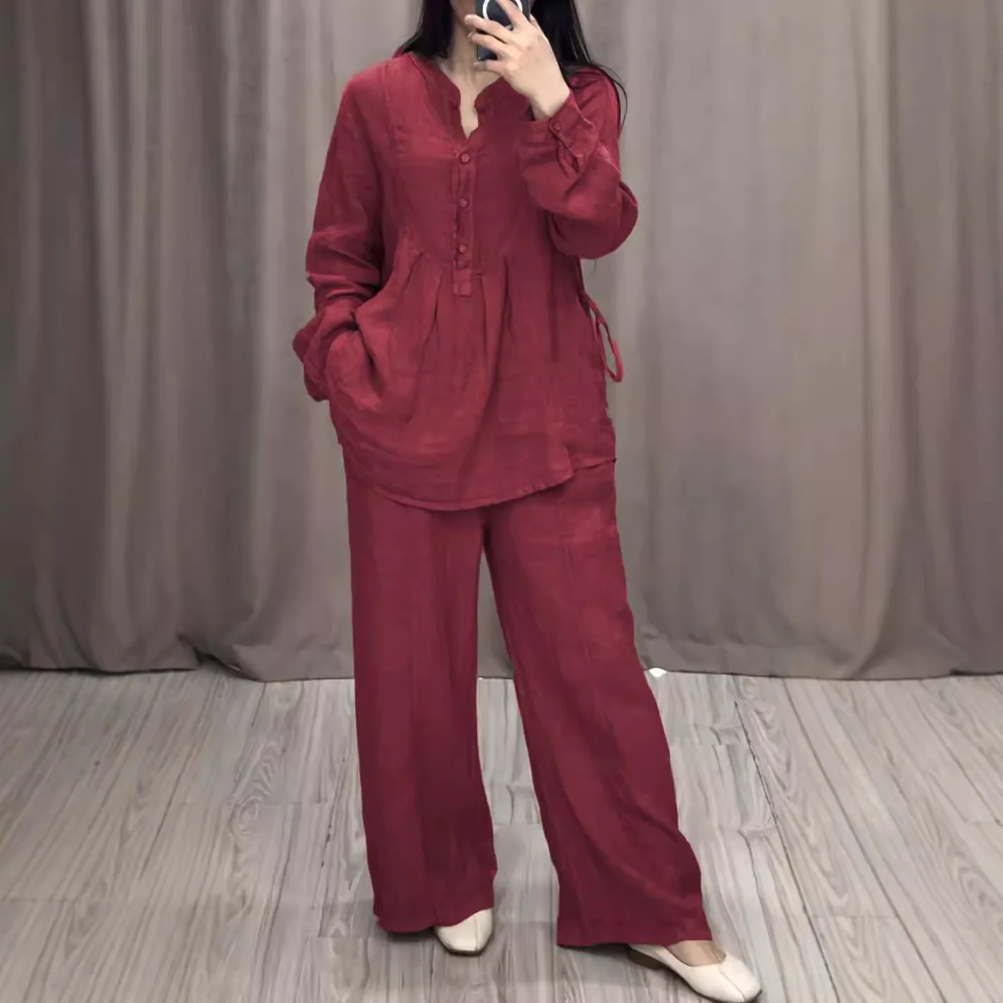 Autumn Winter Fashionable Cotton And Linen Women\'s Two-piece Casual Long-sleeved Half-cardigan Pleated Top + Wide-leg Pants Suit