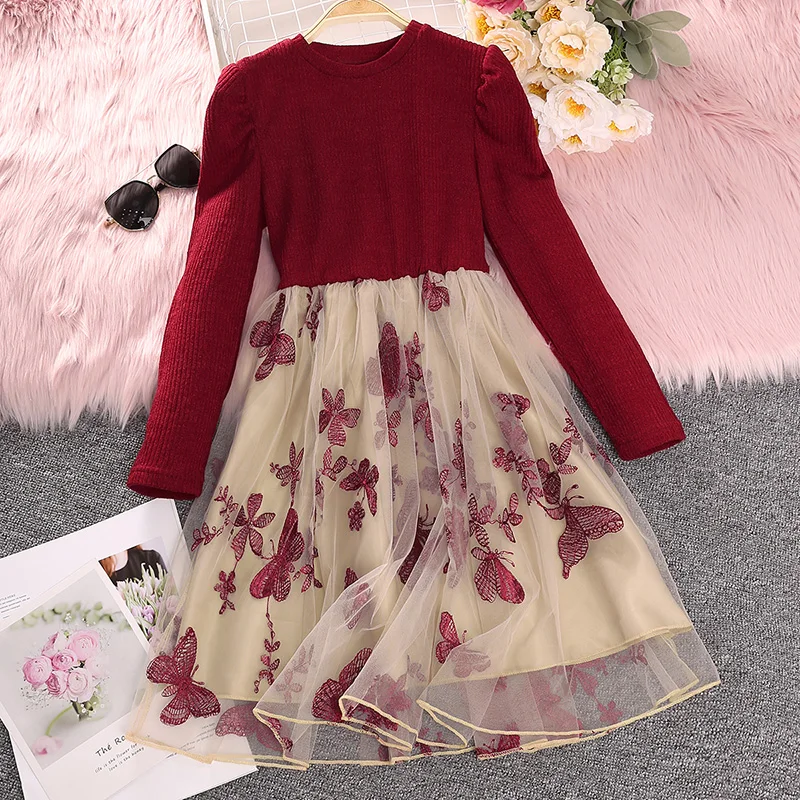 Girls Spring And Autumn Dress Crewneck Long-sleeved Sweater Stitching Mesh Gauze Butterfly A-line Knee-length Skirt Comfortable