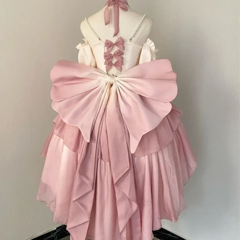 Vestidos de arco bolo vestido gótico japão kawaii y2k lolita azul branco preto renda escavada manga comprida vestido pulôver em camadas novo