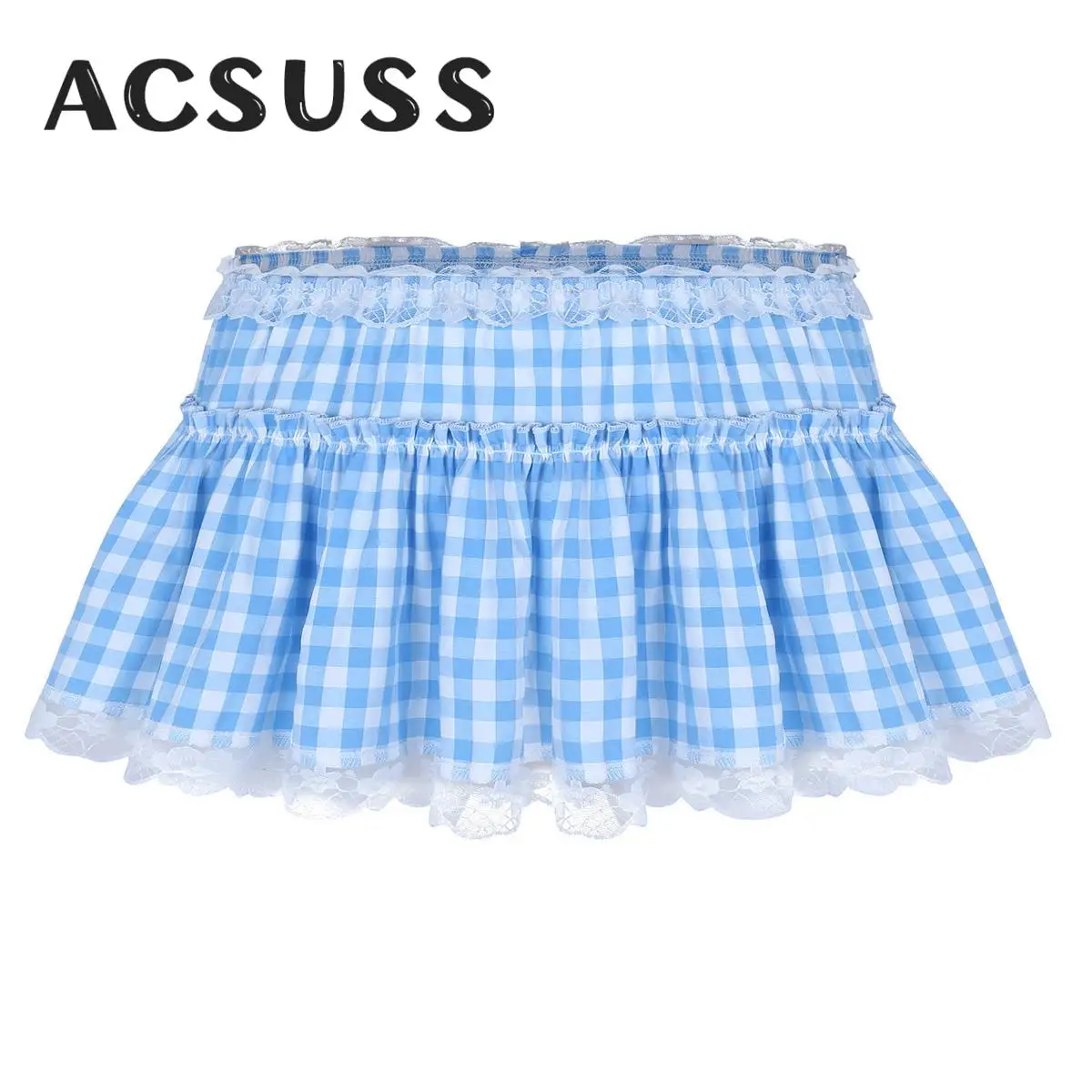 

Womens School Girls Gleeing Skirt Short Gingham Miniskirt with Lace Hem Pleated Sissy Mens Sexy Cosplay A-line Mini Skirt