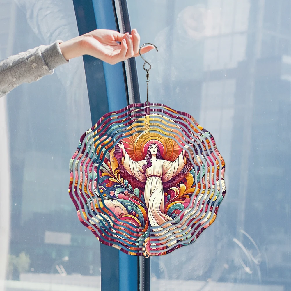 

1PC Flowing-Light Effect Holy Jesus Iron Wind Catcher With 360° Rotating Hook Pendant With Swivel Hook Colorful For Home Garden