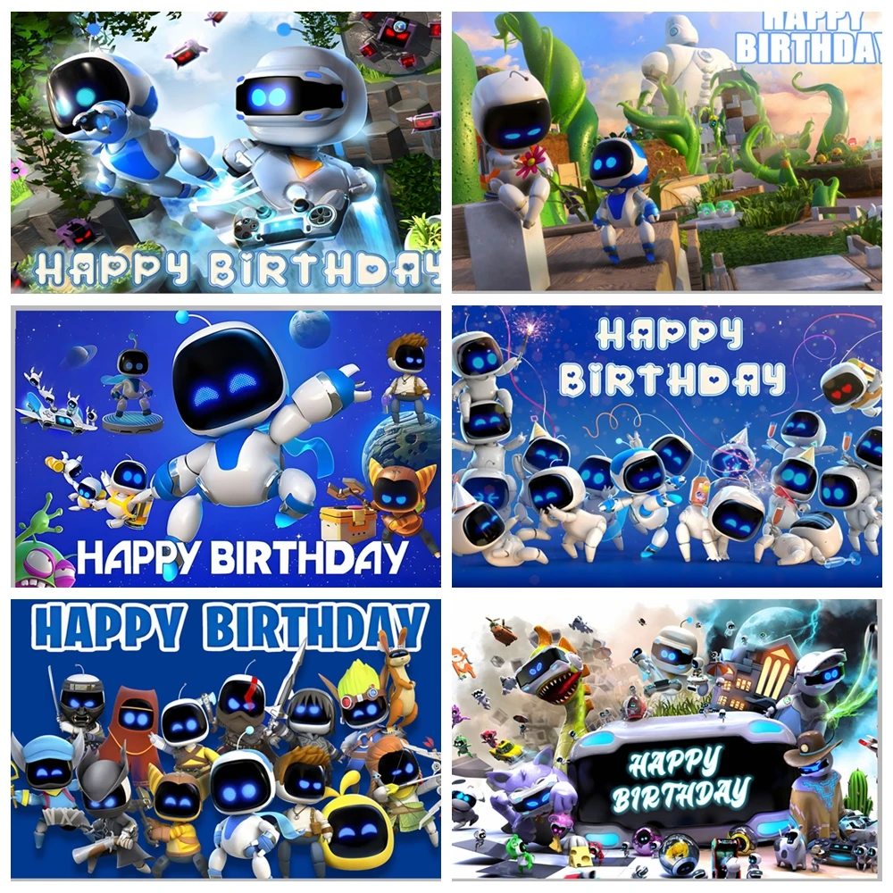 

Blue Robot Happy Birthday Backdrop Sci Fi Kids Party Decor with Space Themed Cake Custom Name Photo Booth Background for Boys
