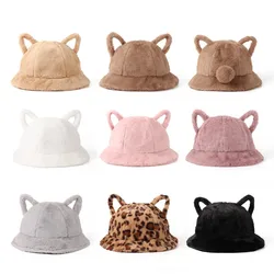 Women's Bucket Hat Winter Cute Cat Ear Plush Fisherman Cap Keep Warm Faux Fur Leopard Bob Cap Female