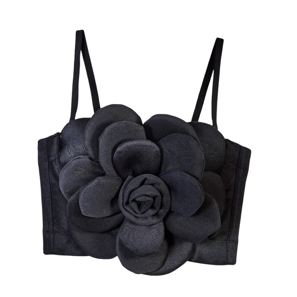 

2025 Summer Hot Sale Crop Top Women 3D Succulent Flower Fishbone Strap Camisole Halter Top Fixed Cup Camisole Chest Pad