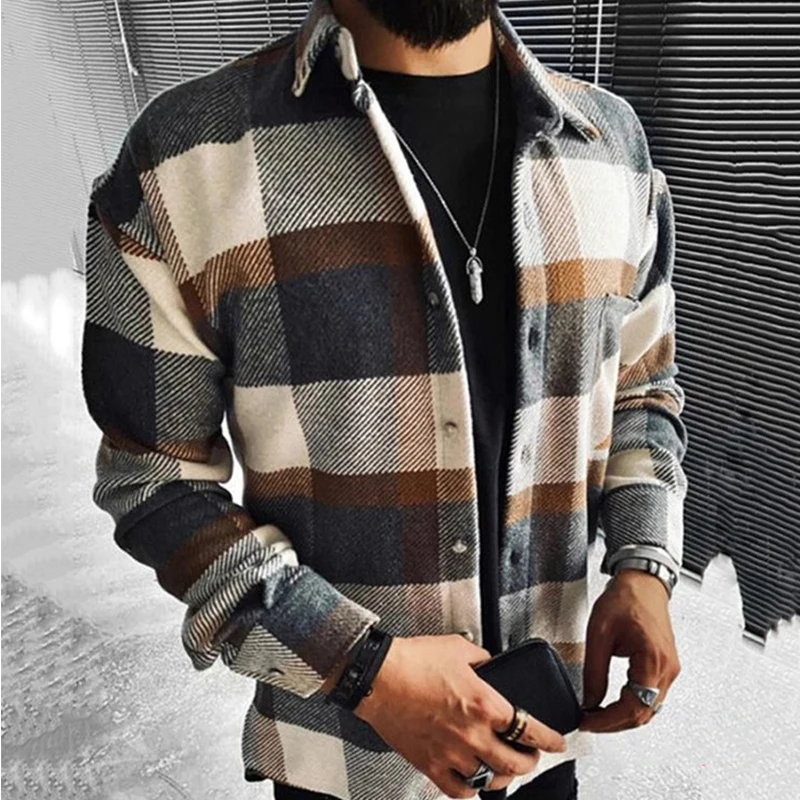 

Autumn Winter Men's Plaid Pocket Long Sleeve Shirt Elegant Turn Collar Shirts For Men Jacket Coat
