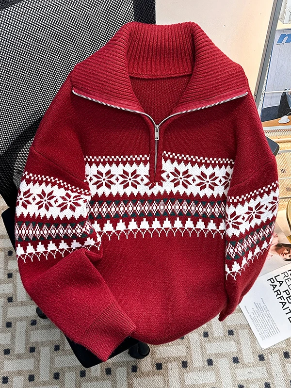 

High Collar Knitted Sweater f Zipper ex Autumn Winter Heavyweight American Sle Trendy Brand Couple's Outerwear