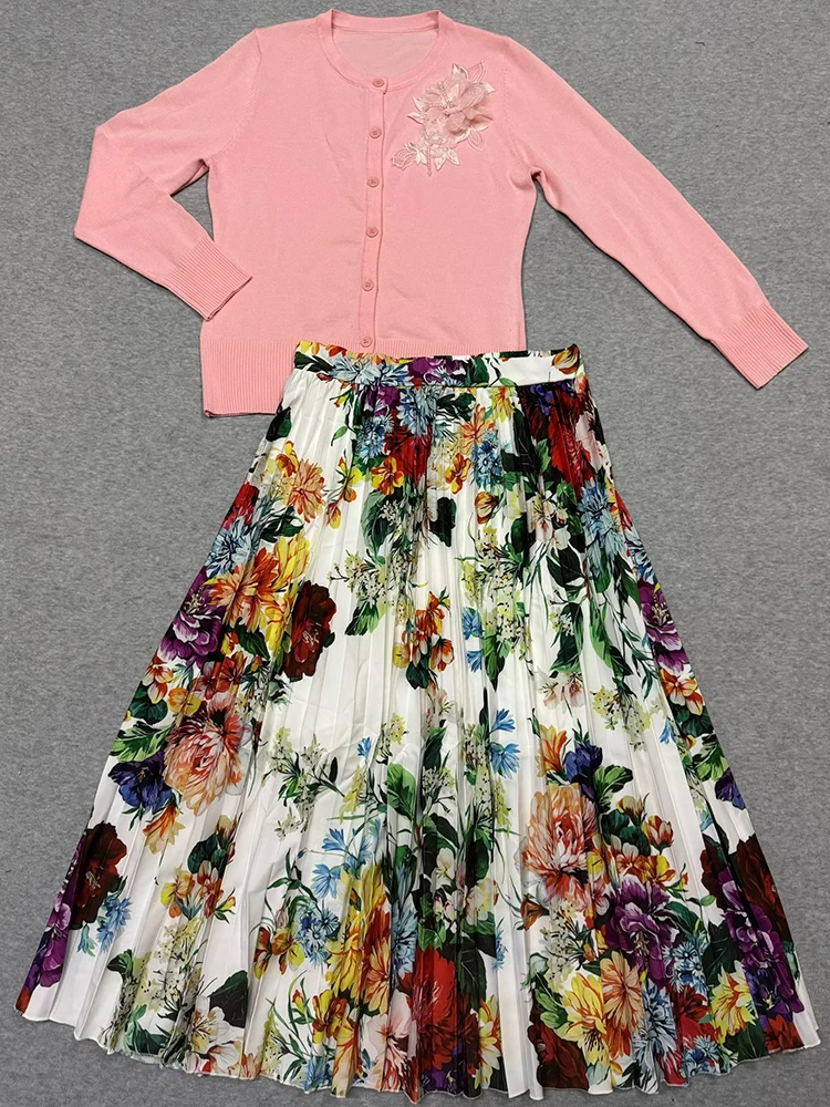 

Three-dimensional flower long-sleeved single-breasted knit top 2025 autumn new two-piece suit+high waist skirt women's dress