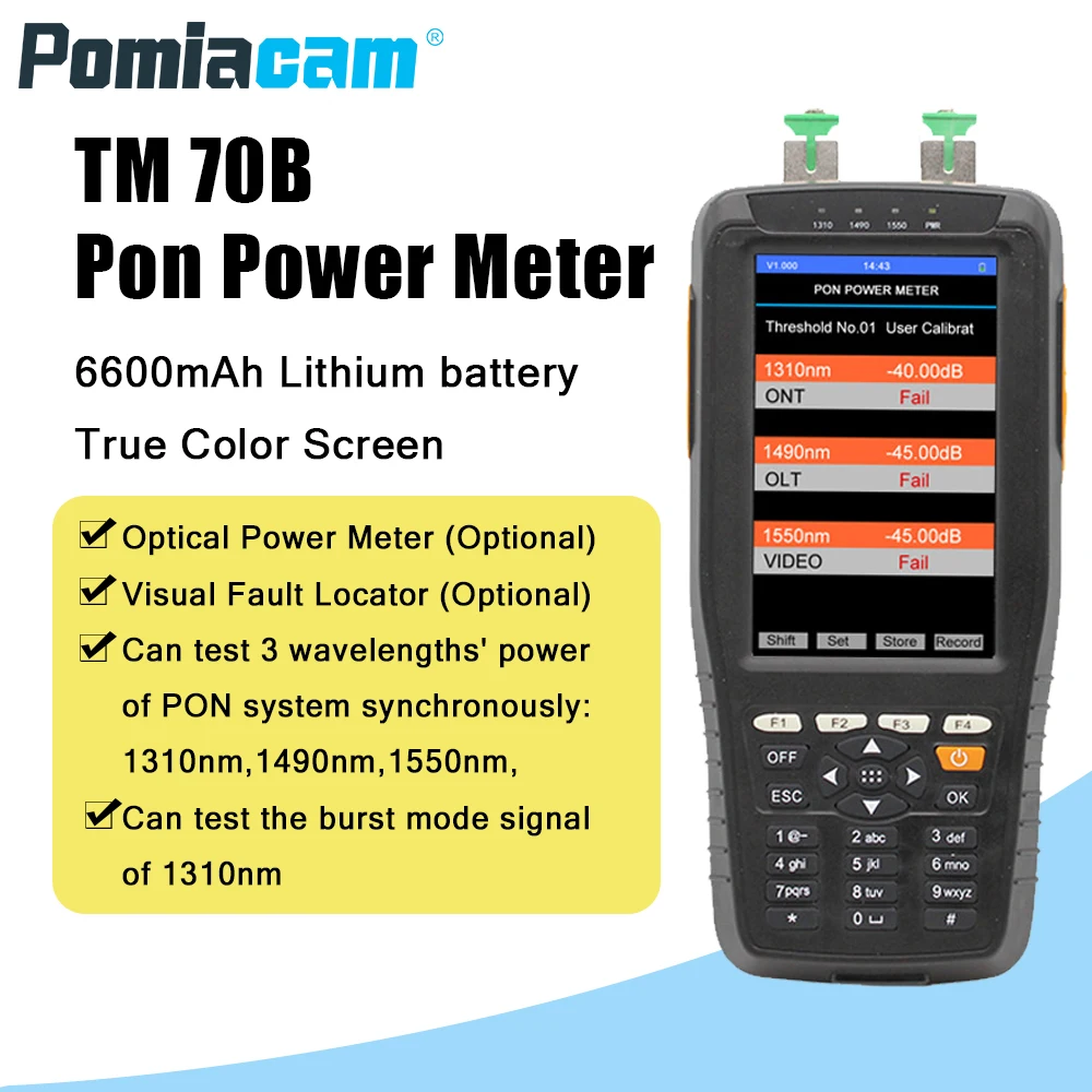 

Измеритель мощности PON TM70B, 3 длины волны 1310/1490/1550 нм, оптический тестер для FTTH, инструмент для установки и обслуживания с опциональным VFL
