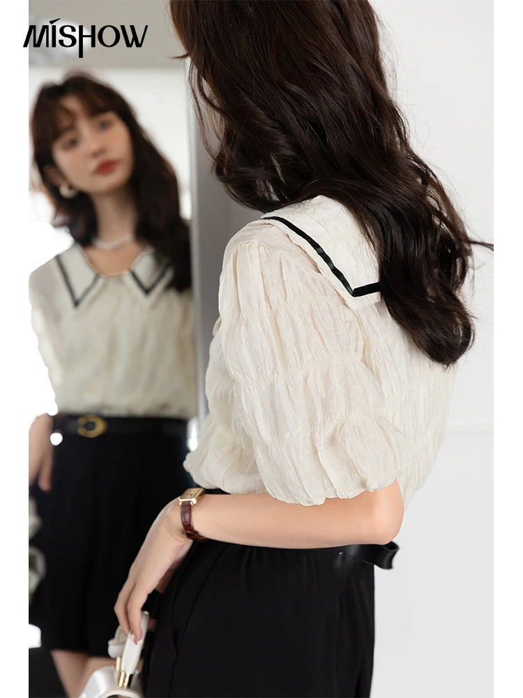 MISHOW Shirts for Women 2022 French Retro Patchwork Doll Collar Puff Short Sleeves Blouses New Office Lady Folds Tops MXB29C0524