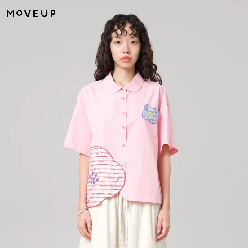 

MOVEUP Commuter Short Sleeved Shirt 2026 Summer New Cotton Color Contrasting Flower Embroidered Loose Shirt For Women 3ELX20443
