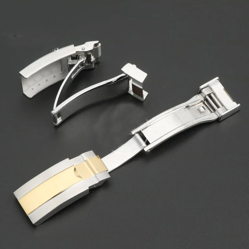 مشبك ساعة من الفولاذ المقاوم للصدأ 16 ملم لآلة رولكس الغواصة باللون الفضي والأسود والذهبي الوردي للرجال والنساء بإبزيم قابل للطي وإكسسوارات الساعة