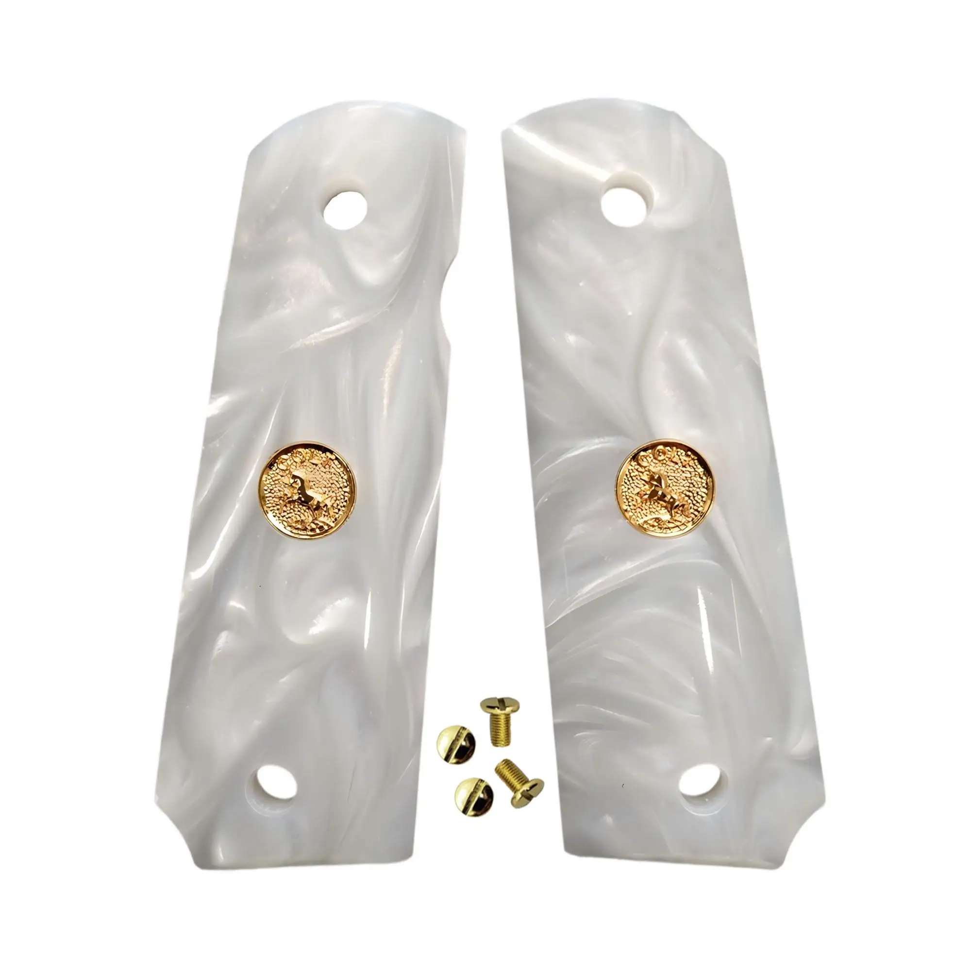 1911 Grips Full Size, White Pearl Gold Colt Medallion, geschikt voor Colt, Kimber, Springfield, Remington, Rock Island, Government Commander