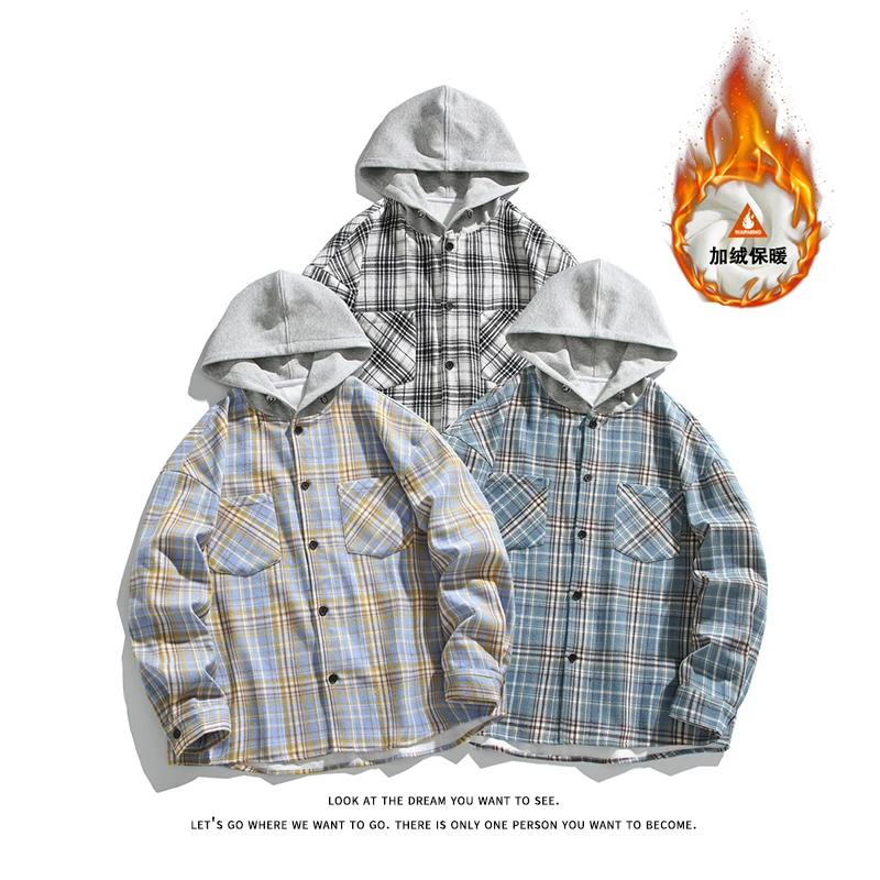 New Coat Spring Autumn Men's Plaid Hooded Shirt Men's Shirts Classic Casual Button Down Warm Long Sleeved Shirt Flannel Jackets