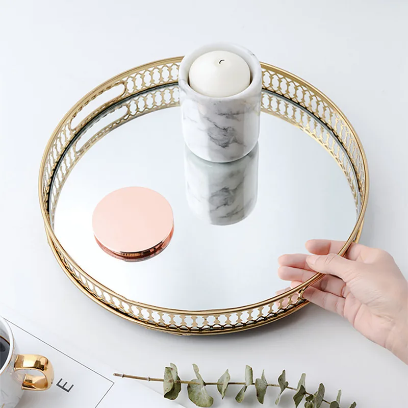 Round Metal Desktop Tray Golden w/ Mirror Glass Base Desktop Decor Perfume Jewelry Storage Party Cakes Fruit Serving Tray