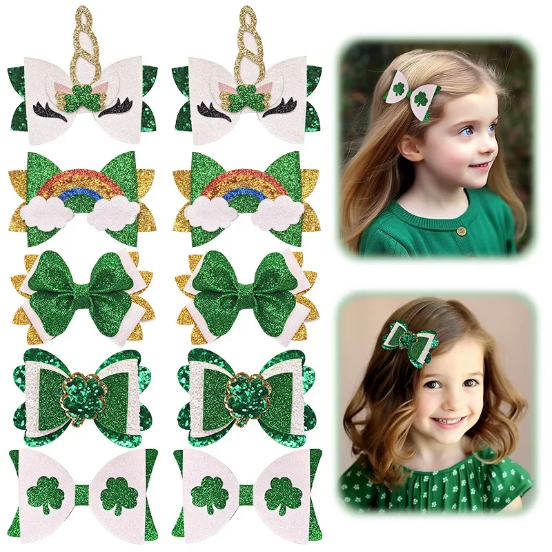 

St.Patrick's Day Hair Clips for Girls Green Shamrock Bow Hairpin Glitter Bowknots Barrette for Irish Holiday Party Gifts 10pcs