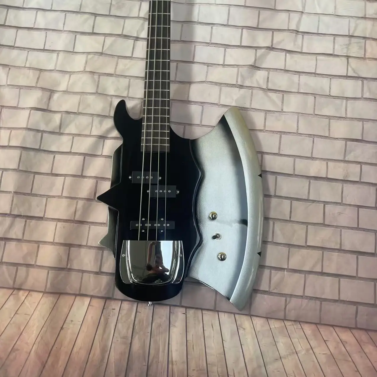 Electric Bass 4 Chord Axe Style Electric Bass, Black Body, Factory Realistic Picture, In Stock