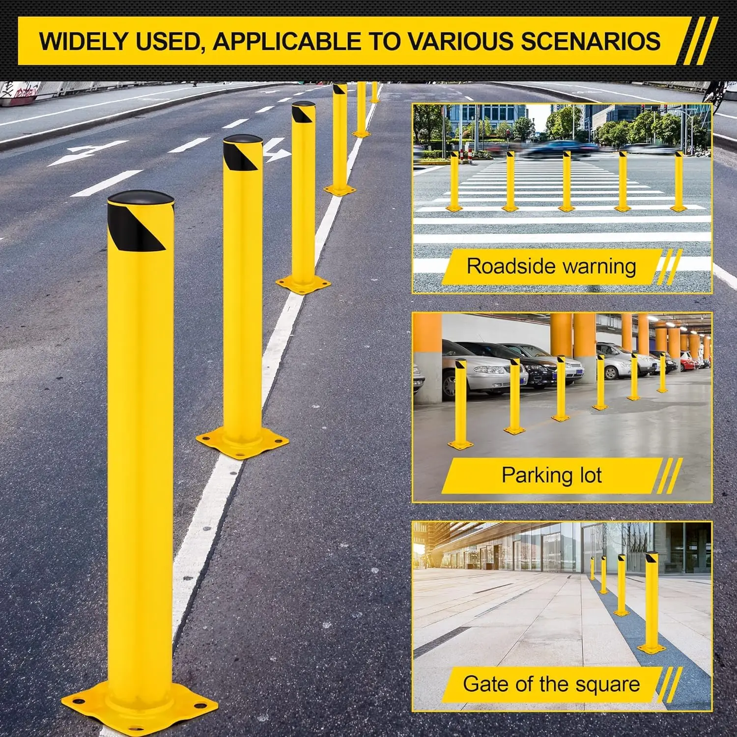 

4Pcs 36/42/48 Inch Height Safety Bollard Post, 4.5 Inch Diameter, Yellow Safety Steel Bollard Post for Driveway Barrier Parking