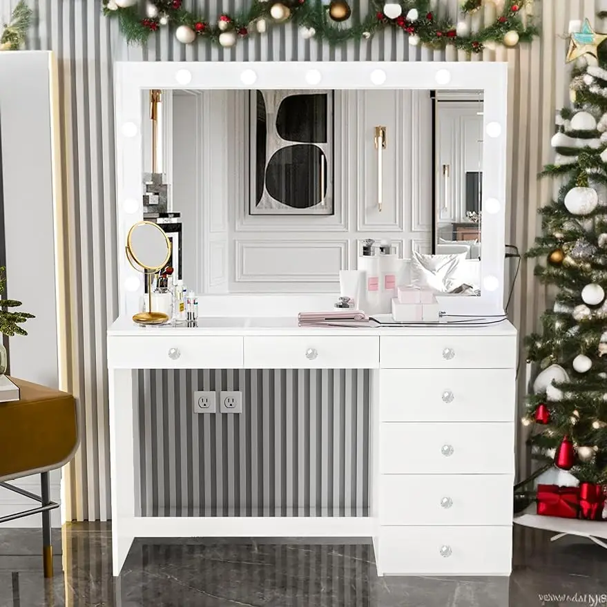 Modern Makeup Vanity with Lights, 7 Drawers, Vanity Mirror, Glass Top Vanity, Crystal Ball, New Built-in Lights Version - White