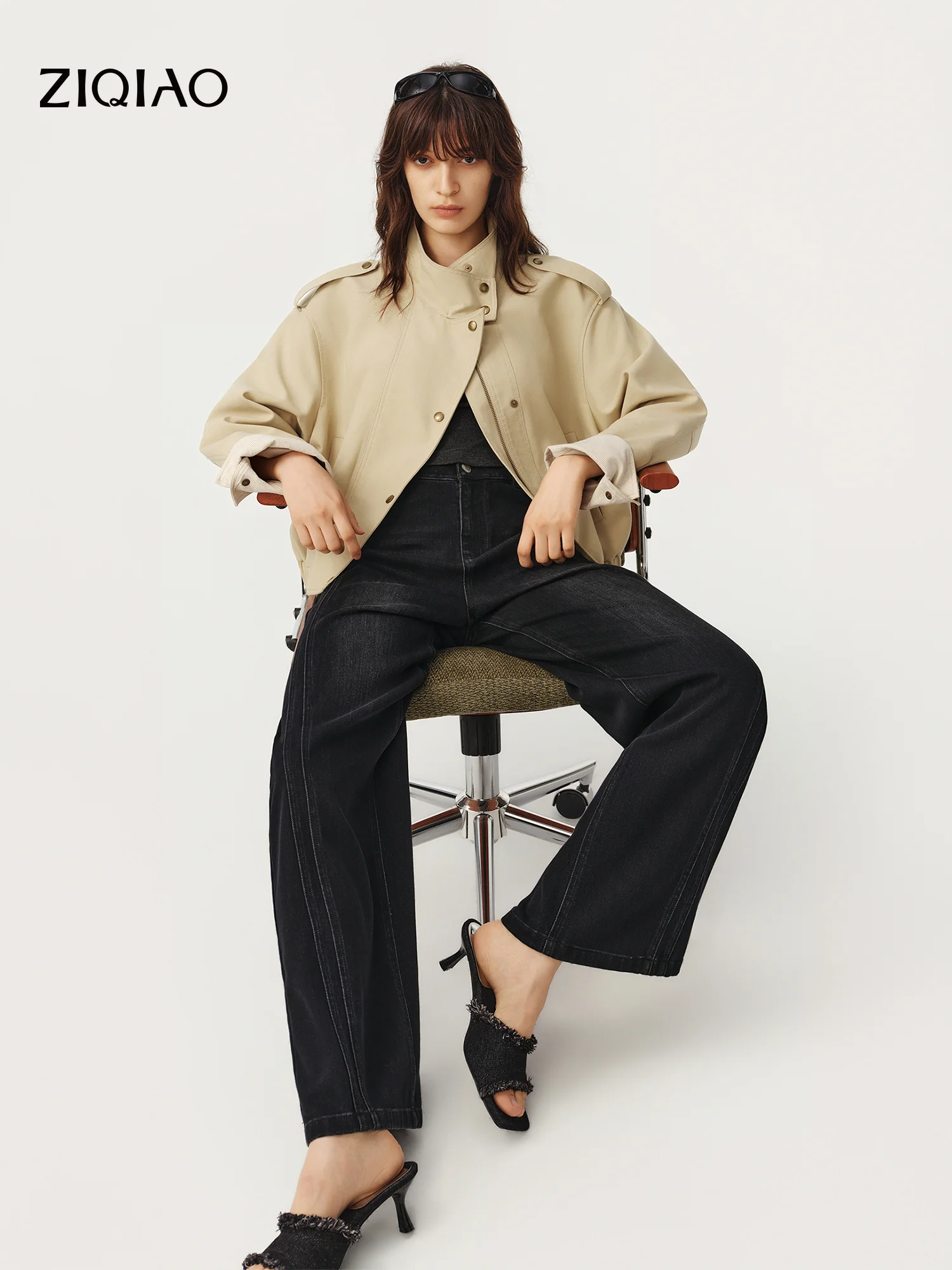 ZIQIAO Ripped Twill Wide-Leg Jeans for Women 2026 Autumn New Style Long Pants Elastic Breathable Home Commuting