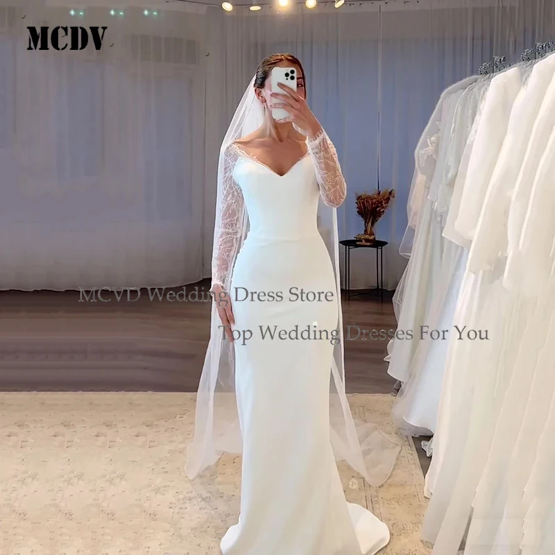 

Customized MCDV V Neck Lace Long Sleeves Mermaid Bridal Gown Simple Civil Wedding Dresses For Women Wedding Party Dress