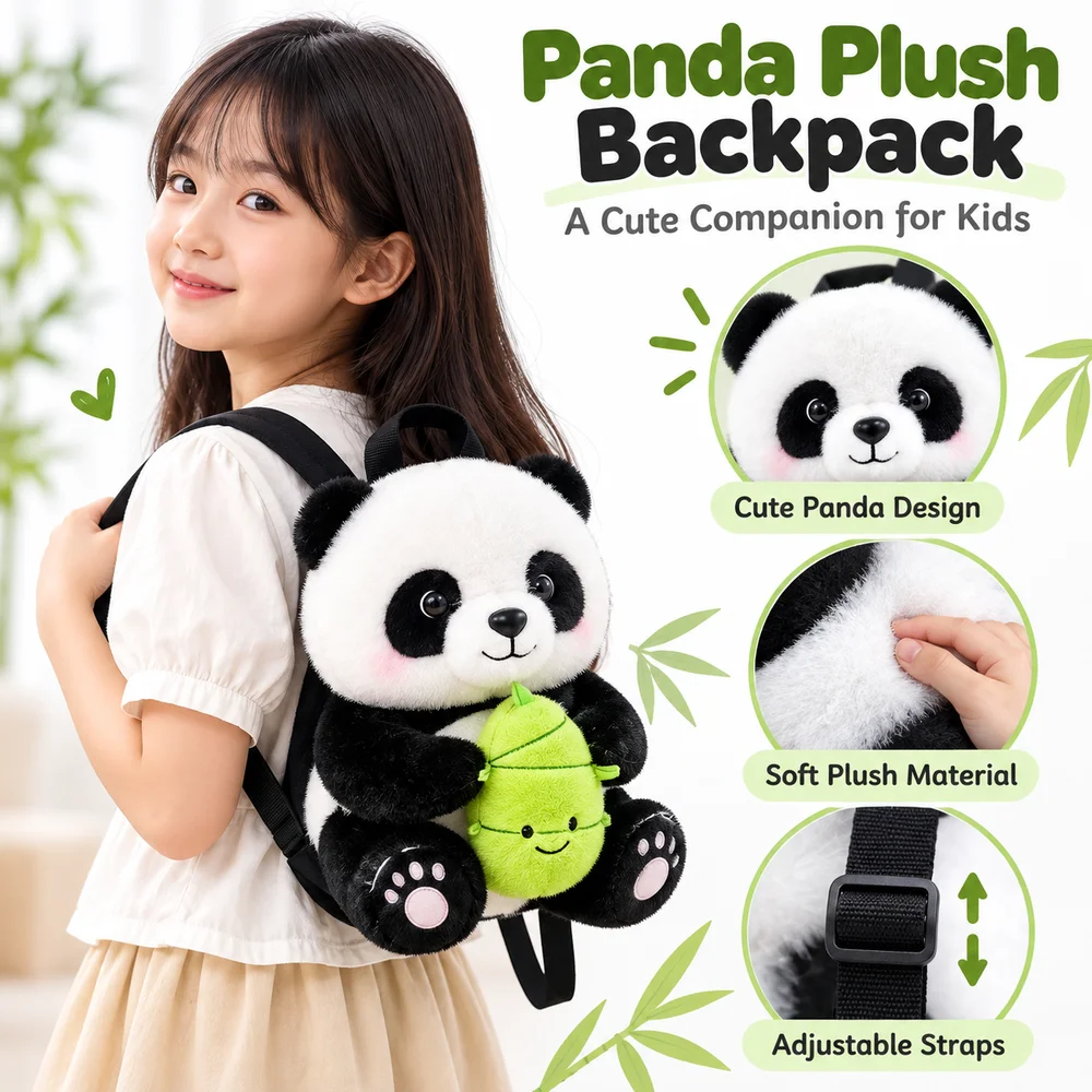 New Soft Panda Backpack Cartoon with Bamboo Shoot Cartoon Animal Backpack Adjustable Cute Doll Backpack School Use