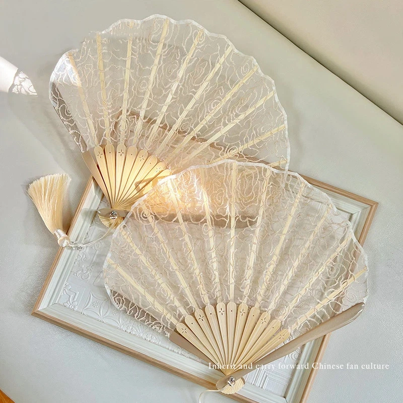 Champagne Lace Embroidery Small Folding Fan Rose Pattern for Women Hanfu Cheongsam Wedding Banquet Summer Cooling Daily Gift