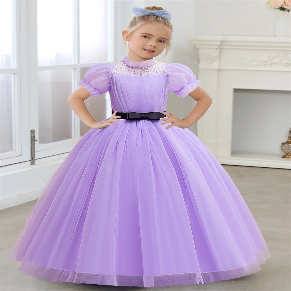 

Long Formal Girl Bridesmaid Dresses Fluffy Tulle Elegant Kids Princess Party Dress For Girls Children Birthday Wedding Prom Gown