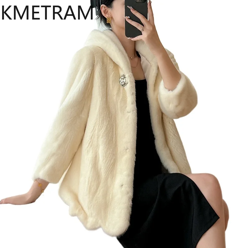 Damska kurtka z naturalnego futra norek, białe prawdziwe futro z kapturem, wysokiej jakości zimowa odzież damska, futrzane kurtki 2025 шуба женская