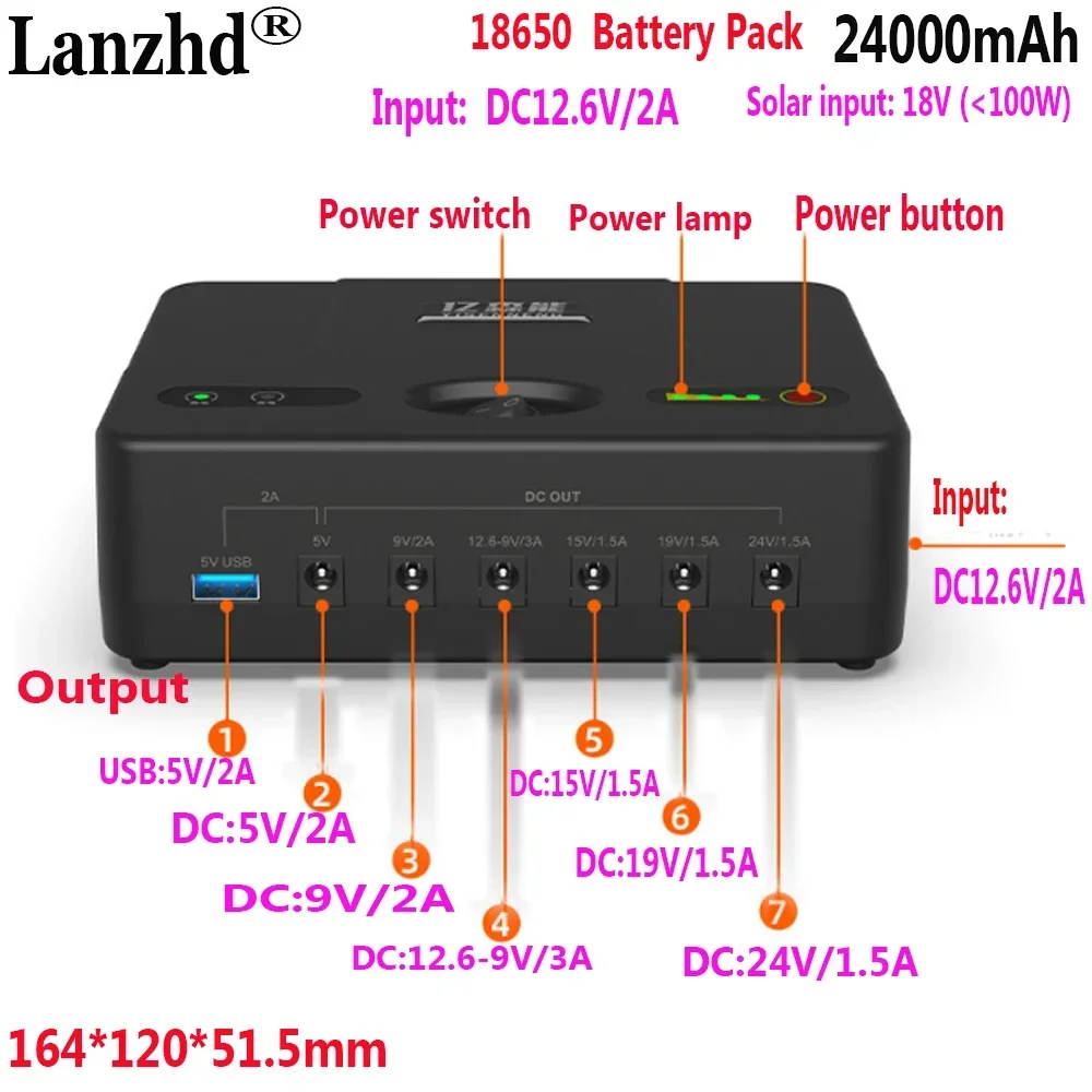 Multifunctional 5V 9V 12V 15V 19V 24V power UPS uninterruptible backup power supply 18650 battery pack For cat router POE 24Ah