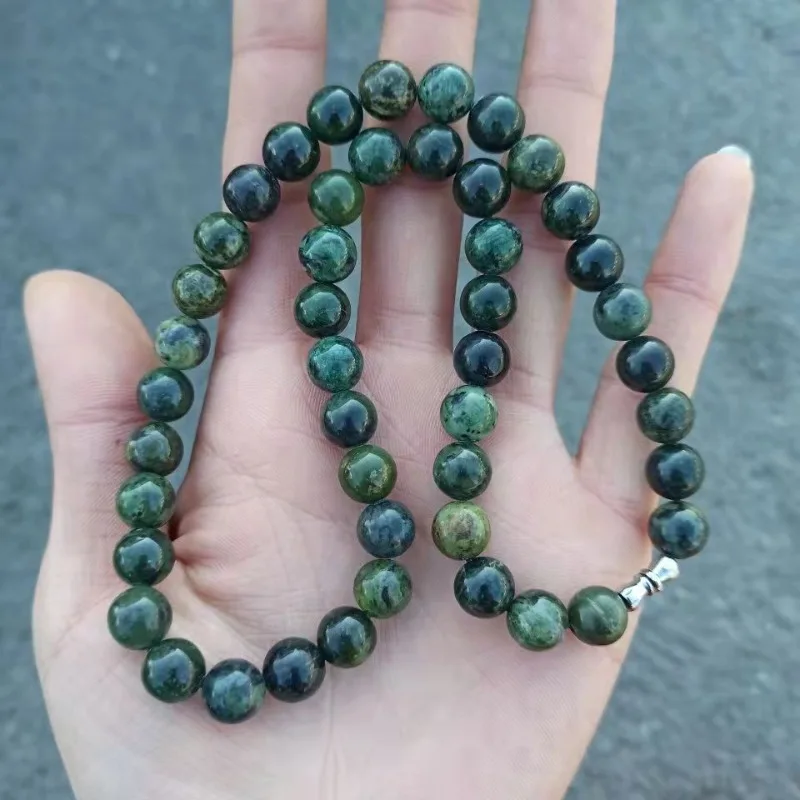 Dark Green Jade Herb King Stone Round Bead Necklace for Men and Women