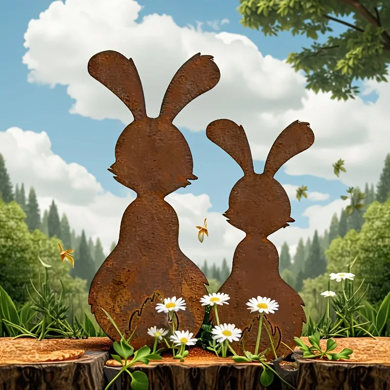 [2D Flat] 2pcs Whimsical Rust-Speckled Metal Rabbit Garden Stakes – Easter-Themed Rustic Outdoor Decor,Adorable Rabbit Sculpture