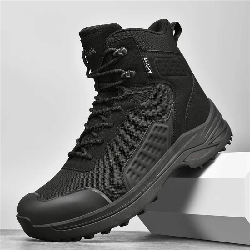 Men Green High Top Trekking Boots Anti Collision Toe Breathable Mesh Non Slip Lug Sole Outdoor Mountain Hiking Casual Boots