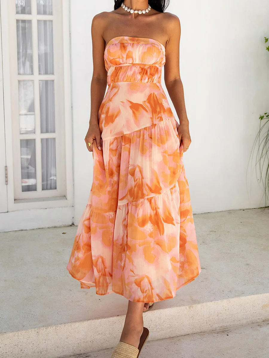 Nova moda feminina vestido sem alças elegante estampa floral sem mangas tubo longo vestido para verão venda quente s m l