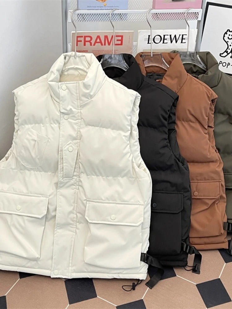 Vintage Utility Cotton Vest Men Winter Thickened Quilted Stand-Collar Vest Multi-Pocket Cargo Sleeveless Coat Windproof Parkas
