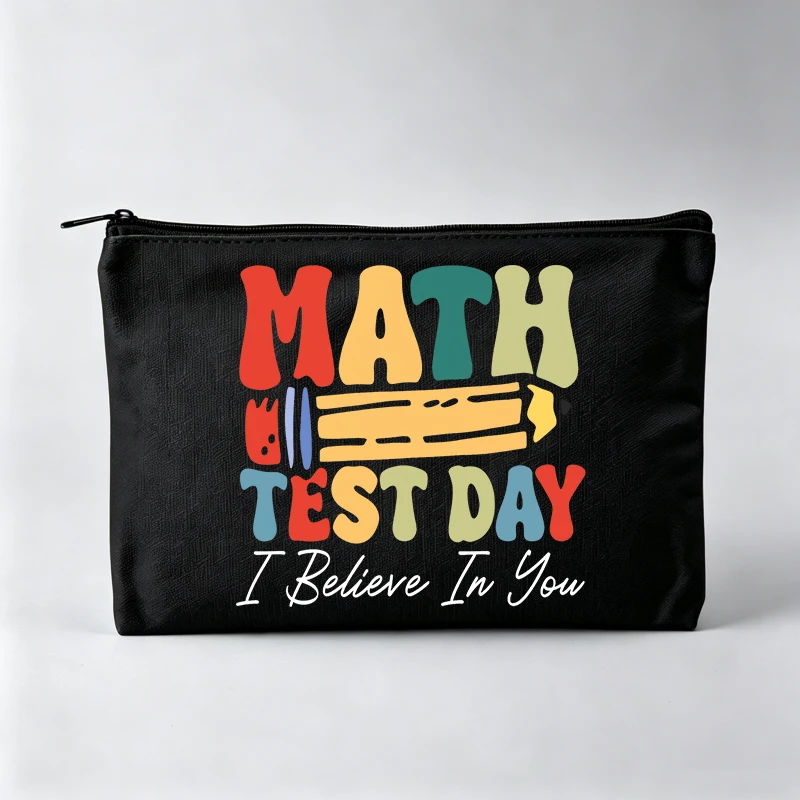 Students' Math Test Day Typography Print Makeup Bag, Motivational Graphic Cosmetic Pouch for School Use