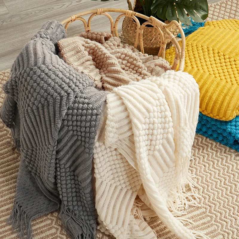 3D Knitted Blanket With Tassel Solid Color Sofa Blanket Cover Nordic Home Decor Throw Blanket For Bed Portable Breathable Shawl