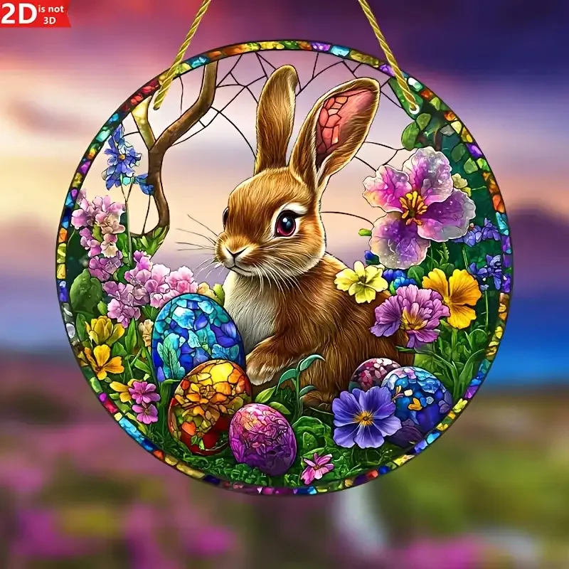 2Pcs Easter Rabbit Stained Acrylic Suncatcher Window Flowers Home Wall Hanging Living Room Ornament Hand-Painted Panel Door