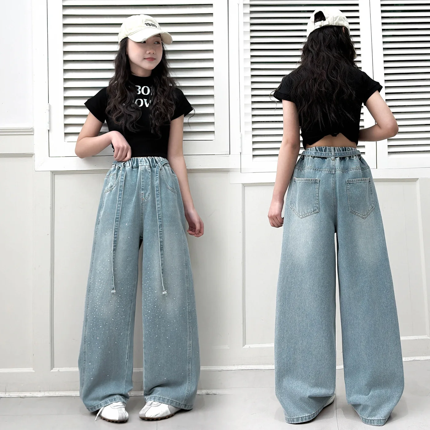 Kids Girl Stylish Loose Straight Jeans with Starry Sky Diamond Children Relaxed Fit Trousers Spring Autumn Denim Pants For Teens